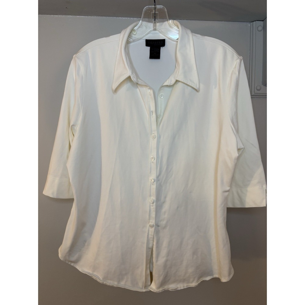VTG EXPRESS World Brand White Nylon Stretch Button Up Blouse XL